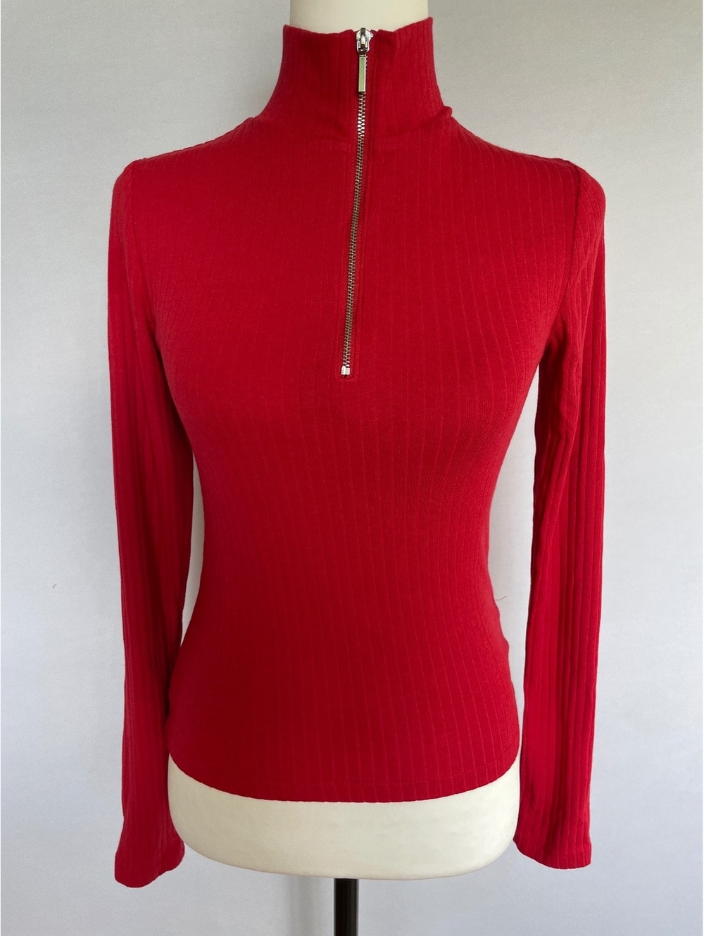 Gap Red Knit Ribbed Mock Neck Quarter Zip Fitted Long Sleeved Top XS